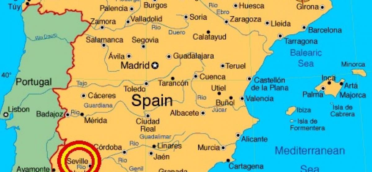 mapa Hiszpanii pokazuje Sewilla