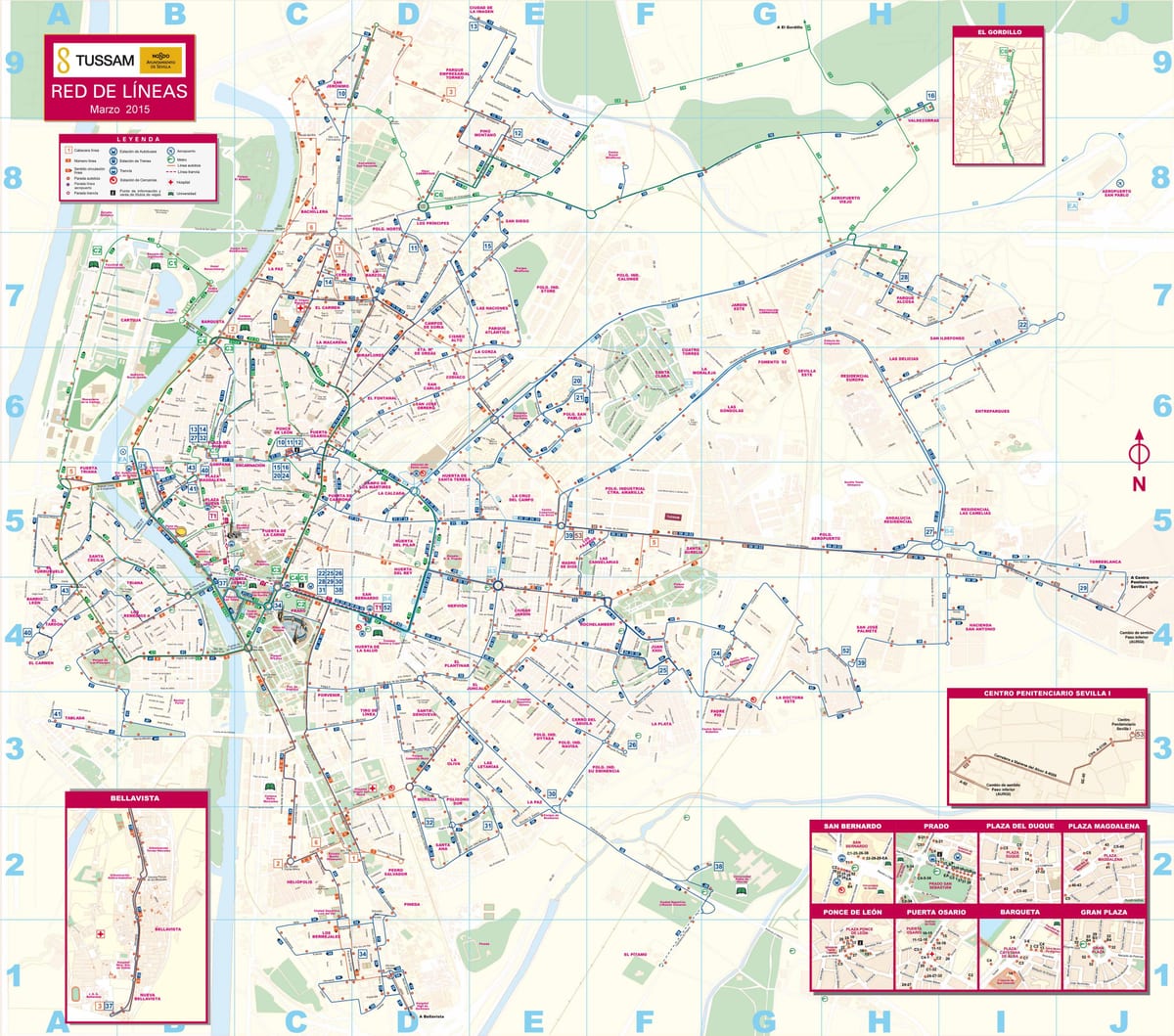 Sevilla transportu publicznego mapie